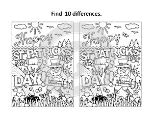 `Happy St Patrick`s Day!` holiday greeting find the differences picture puzzle and coloring page