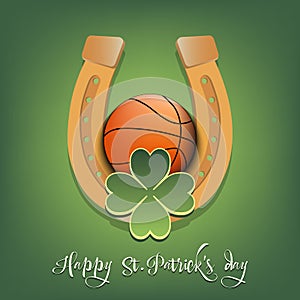 Happy St. Patrick`s day. Horseshoe and basketball ball