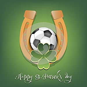 Happy St. Patrick`s day. Horseshoe and soccer ball