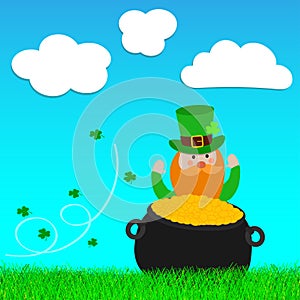 Happy St. Patrick`s Day Leprechaun behind the pot of gold on the grass