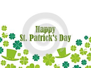 Happy St. Patrick`s Day. Leprechaun hat and green clover leaves. Festive banner, greeting card. Typography design