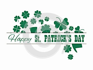 Happy St. Patrick`s Day. Leprechaun hat and green clover leaves. Festive banner, greeting card. Typography design. Vector