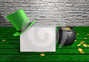 Happy St Patrick's Day leprechaun hat, pot of gold coins and notepad on green wood vintage background. 3d illustration