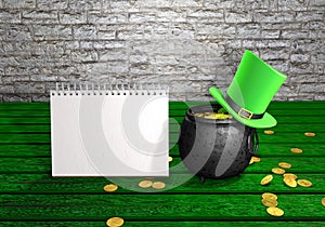 Happy St Patrick's Day leprechaun hat, pot of gold coins and notepad on green wood vintage background. 3d illustration