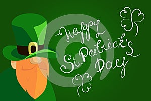 Happy St. Patrick`s Day lettering with Beared Leprechaun Character and clover shamrock. Traditional Irish hollyday