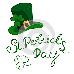Happy St. Patrick`s Day lettering with clover shamrock. Traditional Irish hollyday template design.