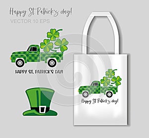 Happy st Patrick s day - lettering with Farm Truck and leafs clover. Illustration with tote bag mockup