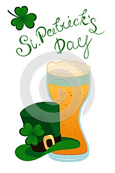 Happy St. Patrick`s Day lettering with green clover shamrock beer glass and Leprechauns hat. Traditional Irish hollyday