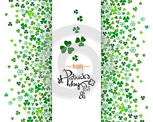 Happy St. Patrick`s day lettering logo on white vertical banner with green clover shamrock leaves background