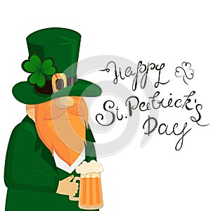 Happy St. Patrick`s Day lettering with Red Beared Leprechaun Character and clover shamrock. Irish hollyday template