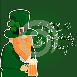 Happy St. Patrick`s Day lettering with Red Beared Leprechaun Character and clover shamrock. Irish hollyday template