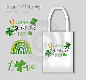 Happy st Patrick s day - lettering with Shamrock hat, horseshoe and rainbow for T-shirts, bags and other