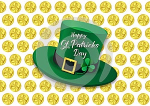 Happy St Patrick`s Day with many shamrock gold coin background