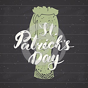 Happy St Patrick`s Day Vintage greeting card Hand lettering on beer cup silhouette, Irish holiday grunge textured retro design