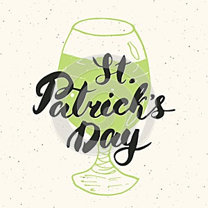 Happy St Patrick`s Day Vintage greeting card Hand lettering on beer cup silhouette, Irish holiday grunge textured retro design vec