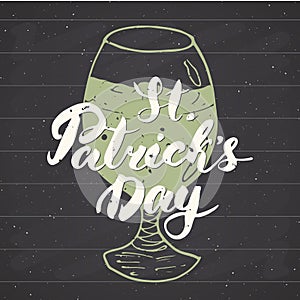 Happy St Patrick`s Day Vintage greeting card Hand lettering on beer cup silhouette, Irish holiday grunge textured retro design vec