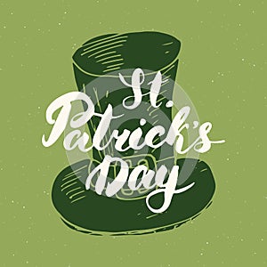 Happy St Patrick`s Day Vintage greeting card Hand lettering on leprechaun hat silhouette, Irish holiday grunge textured retro desi