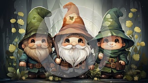 Happy St Patricks Day Background Holiday Illustration. with Leprechaun,Shamrock Gnomes and Shamrock on Blurry Background.