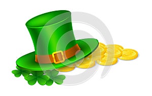 Happy St Patricks Day Banner with Leprechaun Hat Gold Coins and Shamrock Leaves Illustration Vector photo