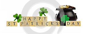 Happy St Patricks Day blocks with Pot-of-Gold over white