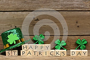 Happy St Patricks Day blocks with shamrocks and leprechaun hat