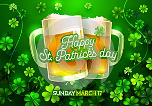 Happy St Patricks Day Card with Beer Lucky Clover Ornament and Calligraphy Font Type. Traditional St. Patric Day Card for Pub Bar