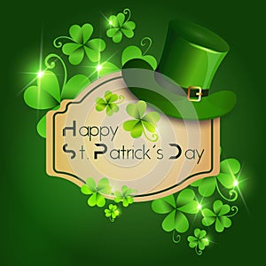 Happy St. Patricks Day Greeting Card Or Decoration Poster For Holiday With Leprechaun Hat On Green Background