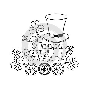 happy st patricks day label with clover and elf hat icons