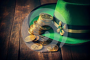 Happy St Patricks Day leprechaun hat with gold chocolate coins on vintage style green wood background