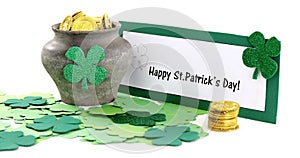 Happy St Patricks day message with leprechauns pot of gold