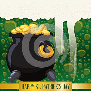 happy st patricks day pot gold coins bubbles beer background