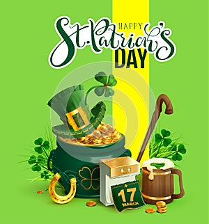 Happy St. Patricks Day text greeting card. Patrick`s accessories festive composition. Pot of gold, green hat, clover leaf, horses photo