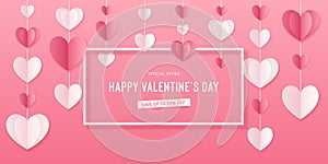 Happy St. Valentines Day card with 3d paper hearts. Vector holiday design template. Valentine concept sale banner or