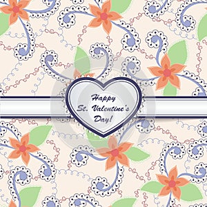 Happy St valentines day card with heart on ribbon