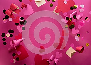 Happy st. Valentines day concept with plenty messy decorative red paper hearts, confetti, bows against pink background with empty