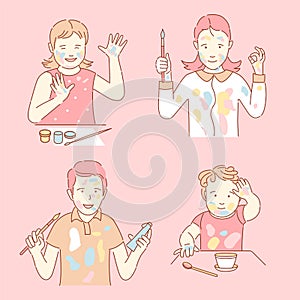 Stained with paint children vector cartoon outline illustration. Boys and girls holding paintbrushes and paints.