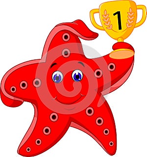Happy starfish holding trophy