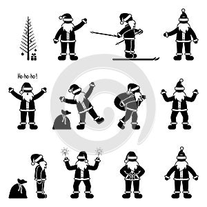 Happy stick figure man Santa Claus holidays celebration vector icon illustration pictogram set