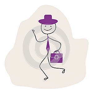 Happy stick man in a hat, tie and carrying a briefcase hurries