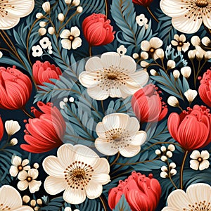 Happy strawberries and garden flowers, seamless pattern