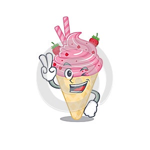 Happy strawberry ice cream cartoon design concept with two fingers