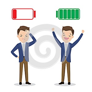 Happy strong caucasian Businessman with green full battery and sad powerless businessman with red low battery