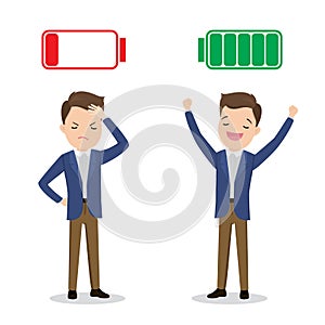 Happy strong caucasian Businessman with green full battery and sad powerless businessman with red low battery photo