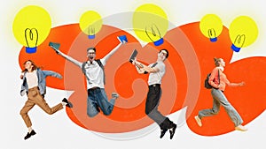 Happy studens with gadgets, copybooks and bags jumping over bright background with painted lightbulb. Contemporary art