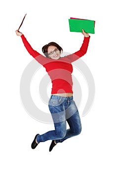 Happy student girl jumping.