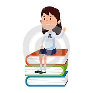 happy student girl seated in pile text books