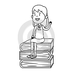 happy student girl seated in pile text books