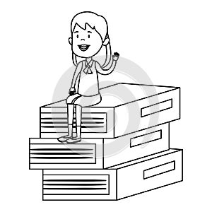 happy student girl seated in pile text books