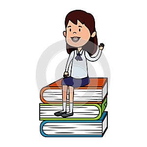 happy student girl seated in pile text books