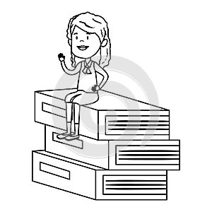 happy student girl seated in pile text books